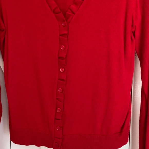Button Down V-Neck Cardigan Sweater Red Ruffle Church Librarian Academia Style - Picture 4 of 8